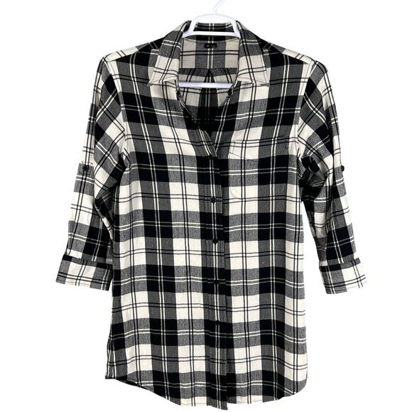 Theory Women 10 Black White Tartan Plaid Button Up Tunic Shirt Virgin Wool Blend - Picture 6 of 15